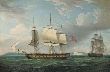 A merchantman in two positions in the Channel off the Downs