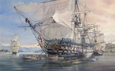 H.M.S. Royal Sovereign emerging from her refit and lying in the Hamoaze, Plymouth Sound