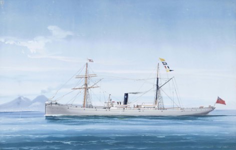 The English steamship Beaconsfield in the Bay of Naples, Vesuvius beyond