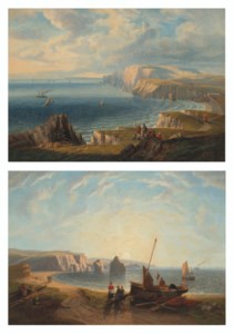Walkers on the cliffs above Freshwater Bay, viewed from the East; and Unloading the catch in Freshwater Bay