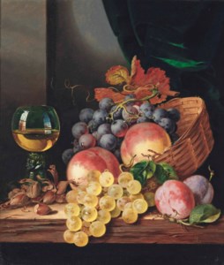 Grapes and peaches in a wicker basket, with plums, acorns and a roemer to the side