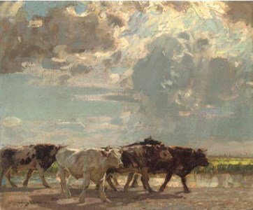 A herd of cows crossing a marsh