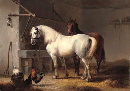 Horses and chickens in a barn interior