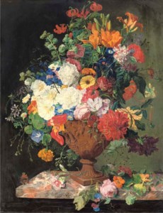 Lillies, convolvuli, carnations and roses in an urn on a marble ledge