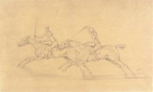 A pair of galloping horses with their jockeys