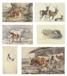 An album of two hundred and fifty-two drawings and watercolours, including; Sixty-nine studies of horse, cattle and other animals; Study of Muscicapa Grisola (woodland fly catcher); Two studies of shells; Forty studies of antique busts at Buckingham Palace; Four further studies from antique busts; Two drawings of a nude male figure; Forty portrait studies, including a Portrait of the father of Sir Joseph Banks, half-length; A tracing by the artist of a self-portrait; A Portrait of William Pitt the Elder; Five studies of military uniforms; A study of Flaxman's shield of Achilles; Two studies of figure compositions after Richard Cosway, R.A. (1740-1821); A copy of the self-portrait by Rubens in the Royal Collection; Two studies of cows after Sawrey Gilpin, R.A. (1733-1807); A study of crane; Twenty-nine landscape studies after George Barret, R.A. (1732-1784); Seventeen studies of Hindu antiquities, including the Kenery Cave and Salsetta; Two rock studies, Pembrokeshire, Wales; Two landscape studies, Carnac, Brittany; A drawing of the Great Pyramid at El Bellet from Waddington's Travels in Ethiopia; Two views in Ireland; Three views of Normandy after the Rev. Henry Engleheart; Five portrait busts of the Kings of England; Portrait of J.L. Burckhard, half-length, after Henry Salt (1780-1827); Four equestrian figure studies; A perspective study of a village street; and A pattern design