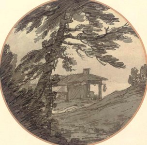 A ruined barn amongst trees