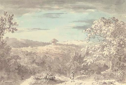 A landscape with a building in the distance and a traveller in the foreground