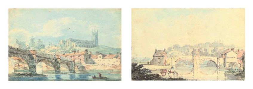 Lancaster seen from the old bridge over the river Lore, Parish church and old castle on the far side; and View of the bridge at Appleby