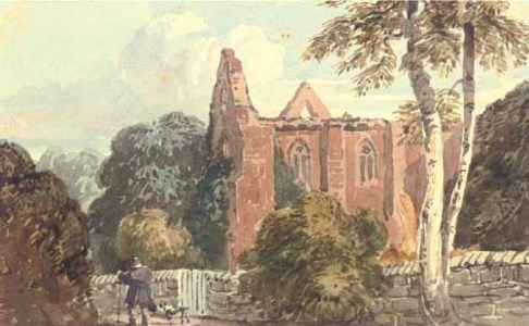 A figure with a dog beside a ruined abbey