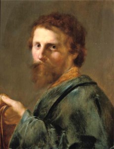 Portrait of a man, bust-length, in a blue robe, holding his cap in his left hand