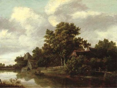A wooded river landscape with a peasant crossing a bridge and fishermen in a boat, cottages nearby
