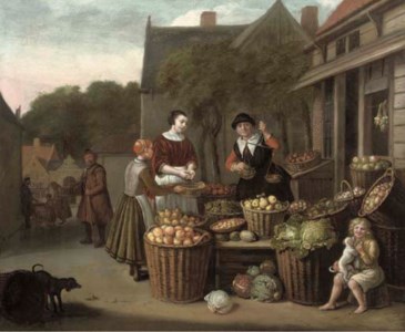 A woman and child purchasing fruit at a market
