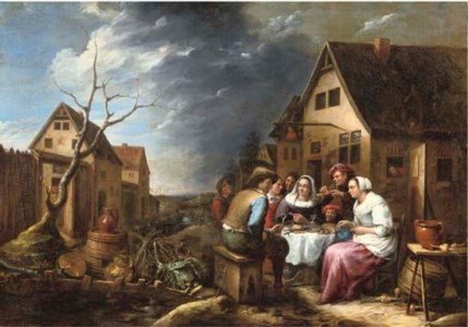 Peasants eating and drinking before an inn