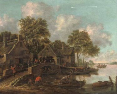 A river landscape with fishermen bringing in their catch and villagers conversing on a bridge