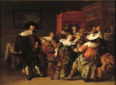 An elegant company making merry in an interior