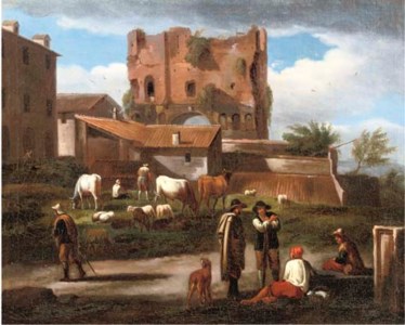 Figures conversing along a path with cattle grazing, the triumphal Arch of Janus Quadrifrons, Rome, in the background