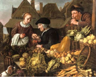 A young woman buying fruit from an old woman at a market, a man smoking a pipe nearby