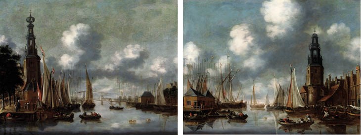 The Montelbaanstoren with the Oude Schans, Amsterdam; and The Haringpackerstoren with the Damrak and the IJ, Amsterdam