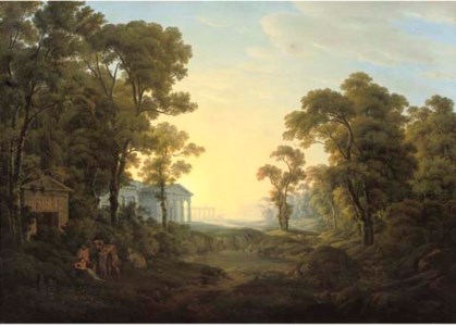 A wooded landscape with figures in ancient dress by a classical temple, other classical buildings beyond