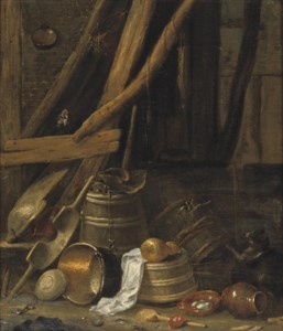 A barn interior with a copper pot, wooden barrels, an eartenware jug and other objects, together with a chicken and a cat