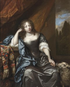 Portrait of a lady, seated three-quarter-length, in a grey silk dress with lace chemise, blue wrap and a pearl necklace, holding a branch in her left hand, a lamb at her side