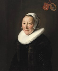 Portrait of an elegant lady, half-lenght, said to be Erminia van Beresteyn (1544-1625), in a black dress with fur jacket, a 'molensteen kraag' and white headdress