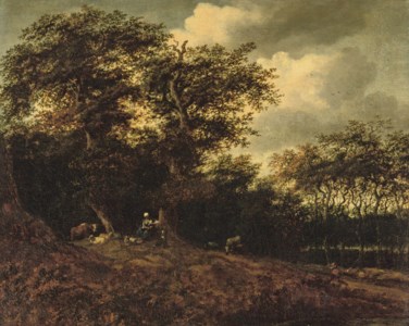 A wooded river landscape with a shepherdess resting with her cattle