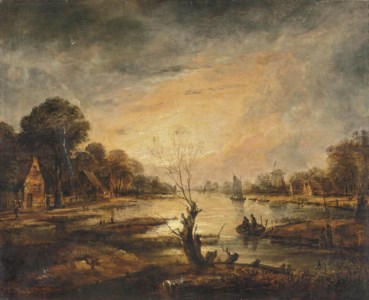 A moonlit river landscape with cottages and a windmill on the banks, two men on a raft in the foreground