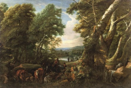 A wooded landscape with shepherds and cattle resting near a lake