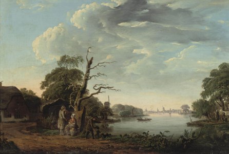 A Dutch river landscape with a couple near the waterside