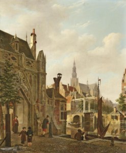 A 'capriccio' view of a Dutch town with children playing hoop