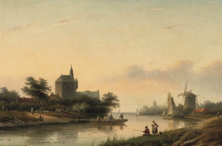 A summer landscape with a ferry crossing a waterway