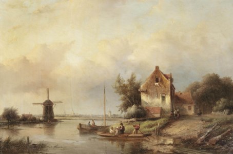 A summer landscape with a windmill and a ferry crossing a waterway