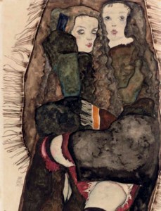 Egon Schiele, Zwei Mädchen auf einer Fransendecke ( recto ); Akt eines stehenden Knaben, Kniestück ( verso )