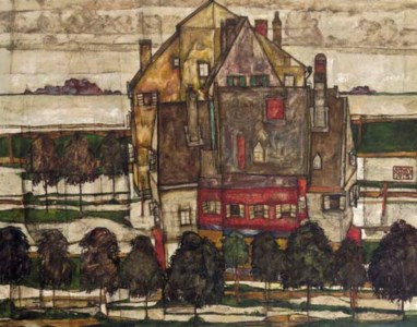 Egon Schiele, Einzelne Häuser (Häuser mit Bergen) ( recto ); Monk I (fragment; verso )