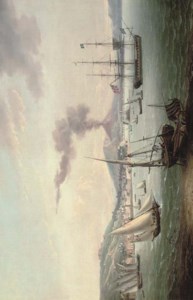 An English frigate amidst much activity in the Bay of Naples with Vesuvius erupting beyond