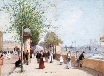 Les quais: promeneurs sur la rive droite, avec la Passerelle des Arts (le pont des Arts) à droite, Paris