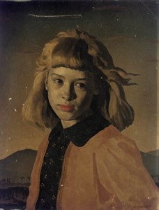 Portrait of a young girl, quarter-length, in a black dress with brown cardigan, an extensive landscape beyond