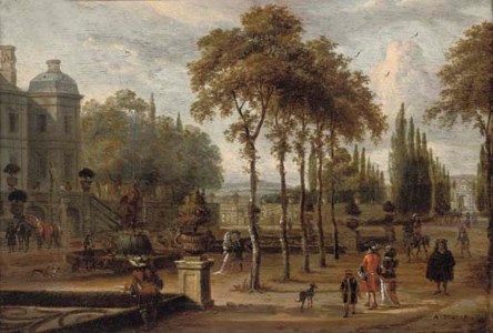 Elegant company in a garden by a mansion