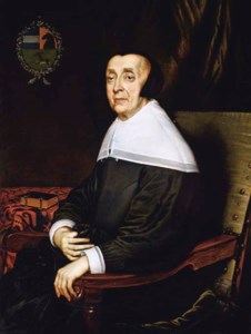 Portrait of a lady of the Sas family, aged seventy-three, seated, three-quarter-length, in a black dress and cap, at a draped table