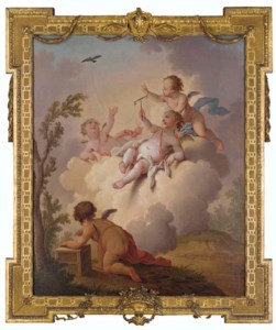 Putti playing with a teathered bird
