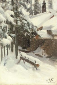 Gopsmorstugan i snö (Gopsmor cottage in the snow)