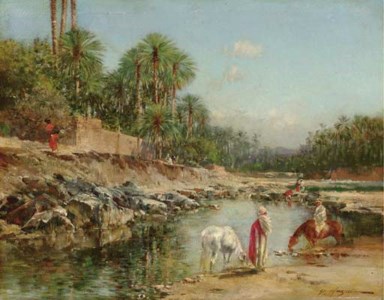 Figures standing by a Caravan