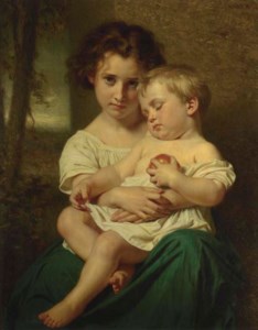 Jeune fille tenant un enfant endormi