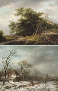 Along a country track in winter; and Sportsmen by a forest edge in summer