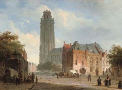A sunlit townsquare with a cathedral in the distance