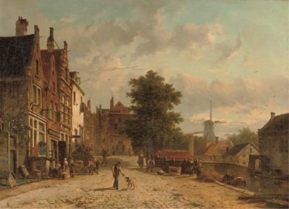 Daily activities on the Baangracht in Amsterdam with the windmill on the Brouwersgracht beyond