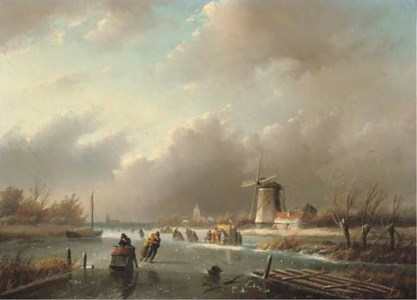 Ice-skating on a frozen river in winter