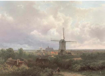 Windmills in a panoramic landscape in summer